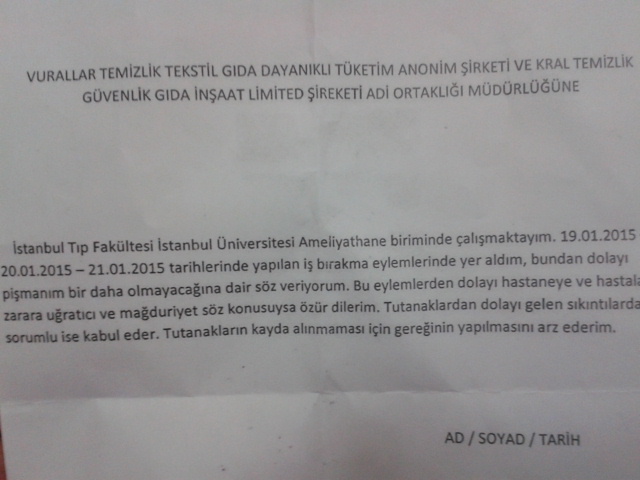 2015-01-26 belge  Türk Sağlık sen şube başkanı Turgay Kara nın işçilere baskıyla imzalattırdığı belge